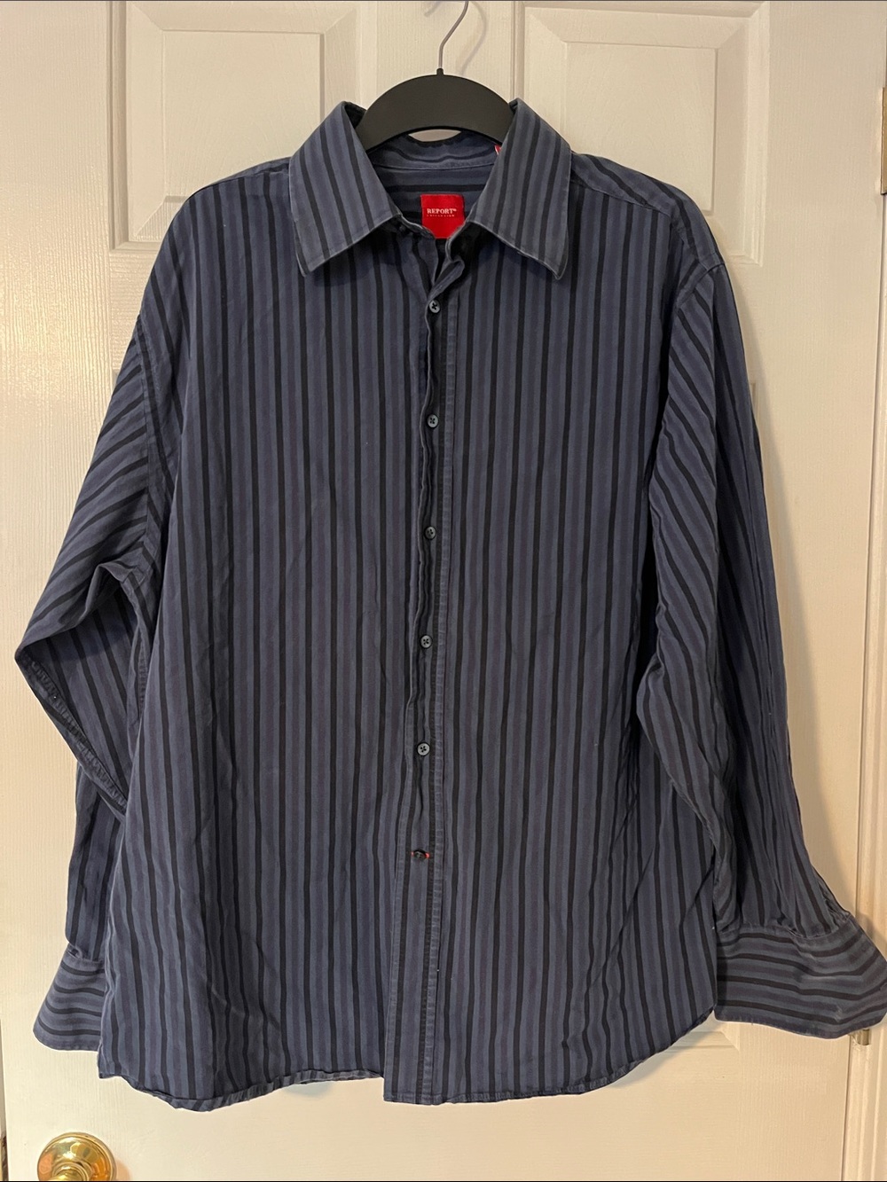 Vintage Report Collection Blue Black Striped Button Down Shirt XL Y2K Grunge